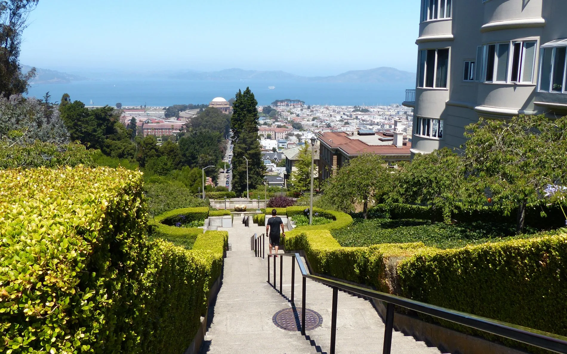 View from the top of the Lyon Street Steps in San Francisco overlooking the garden, steps, and the bay.