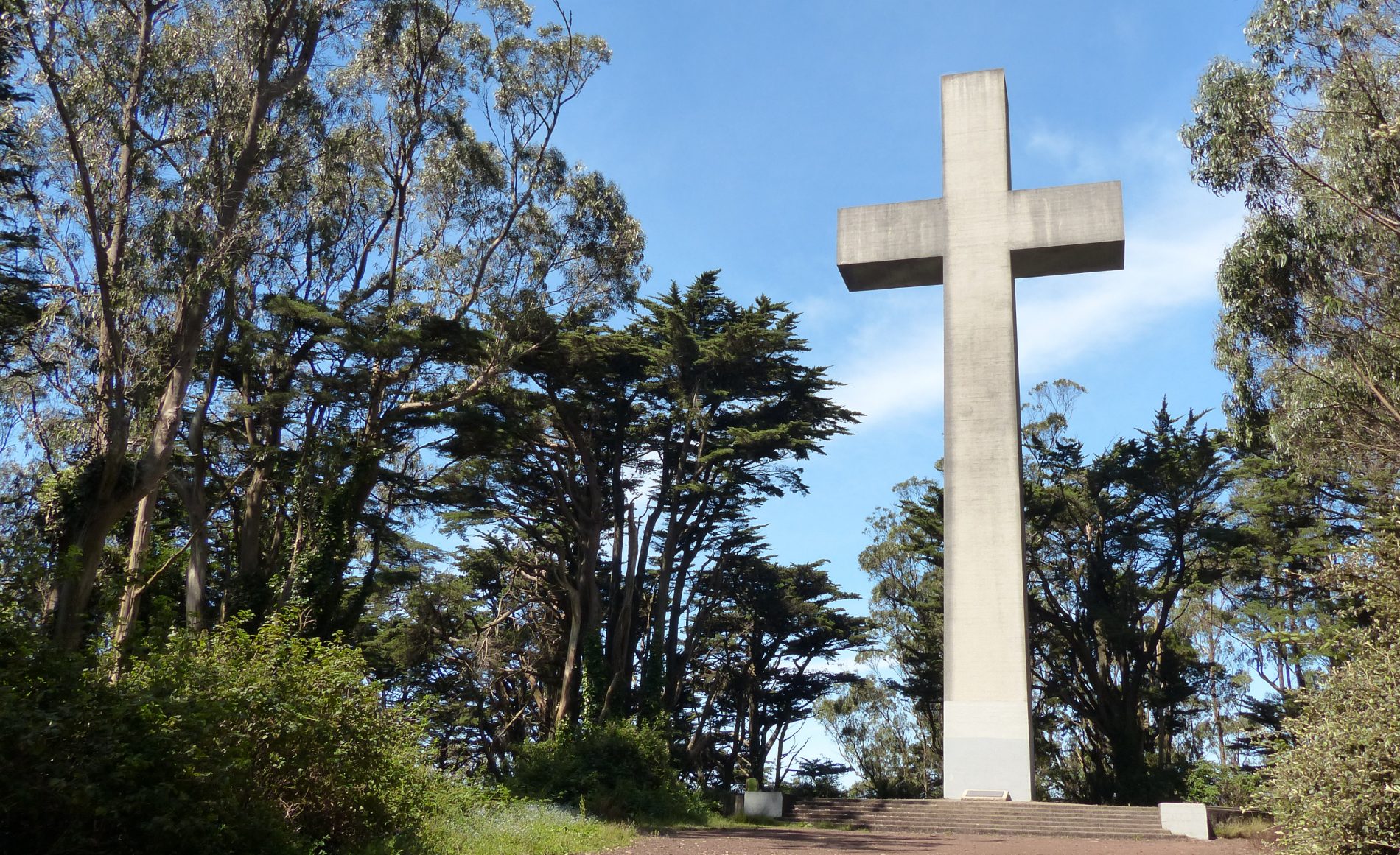 The historic 103-foot-high white concrete Mt. Davidson cross at the top of the highest peak in San Francisco.