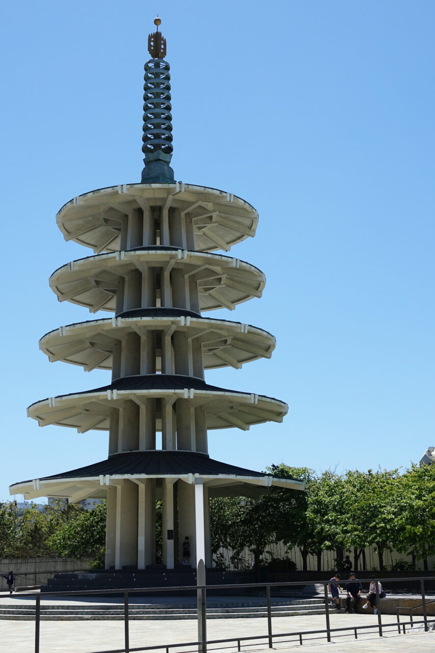 The 100-foot tall, 5-tiered Peace Pagoda in Peace Plaza in Japan Center, San Francisco, California.