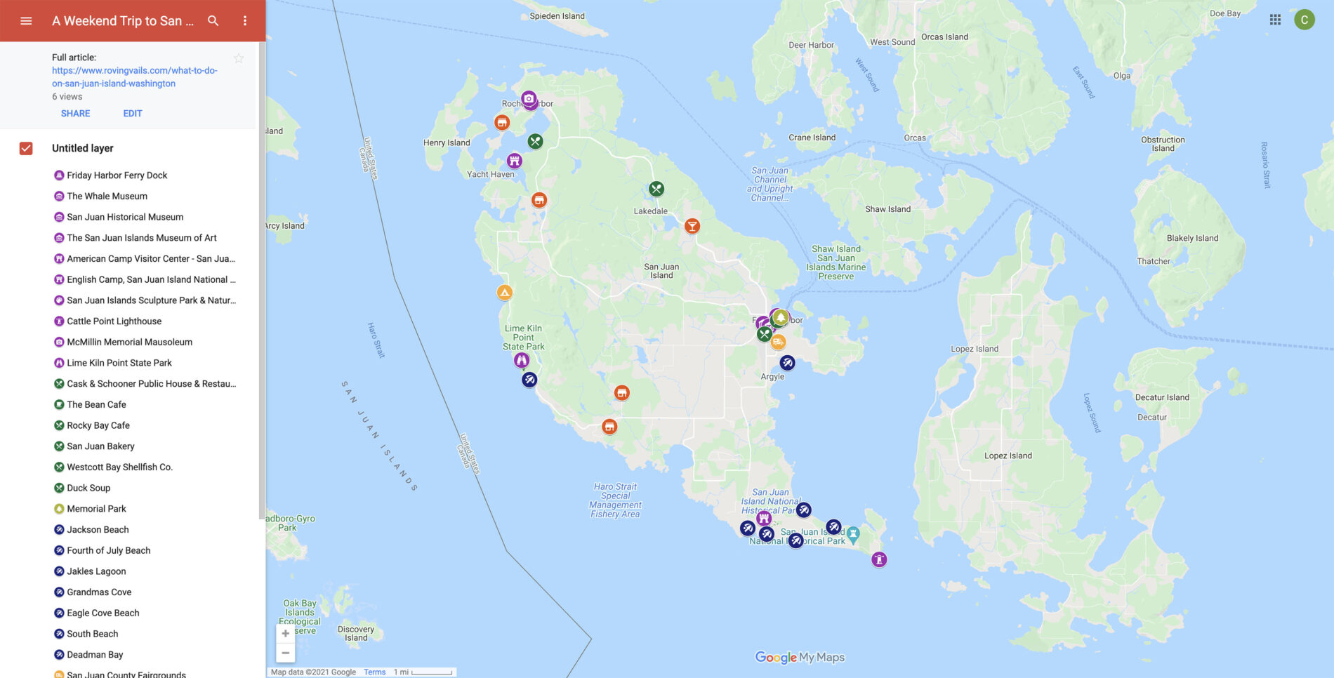 Map of Weekend on San Juan Island Washington