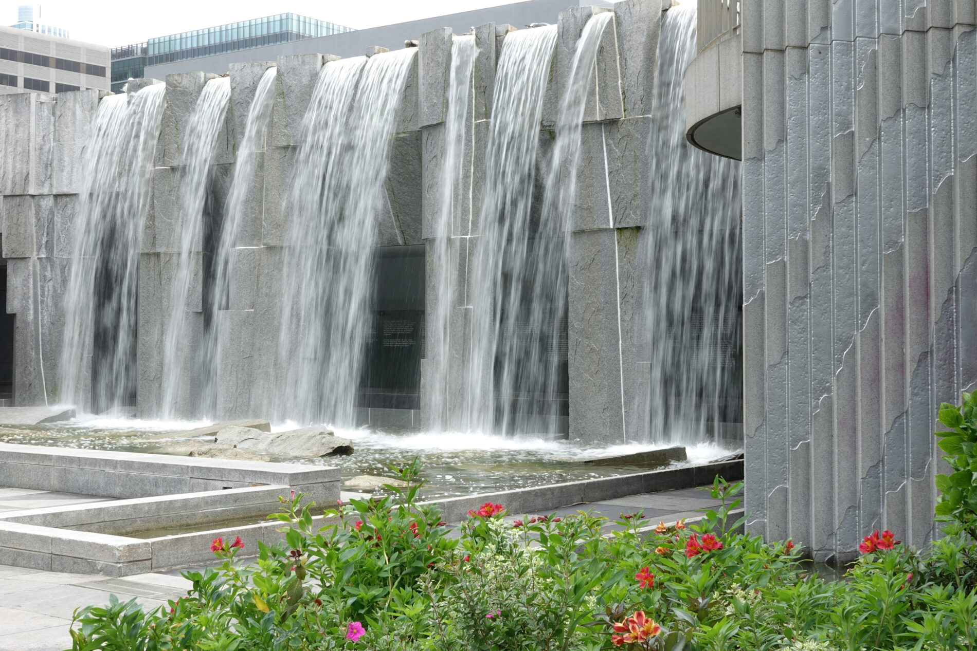 A waterfall in Yerba Buena Gardens honoring Dr. Martin Luther King. His vision of peace and unity is behind the falls.