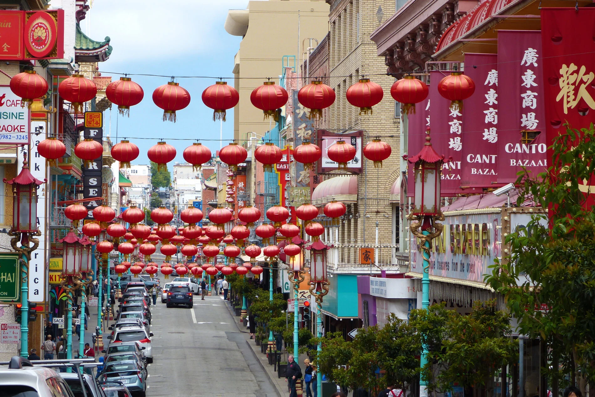 San Francisco’s Chinatown with row after row of red lanterns hanging over Grant Avenue.