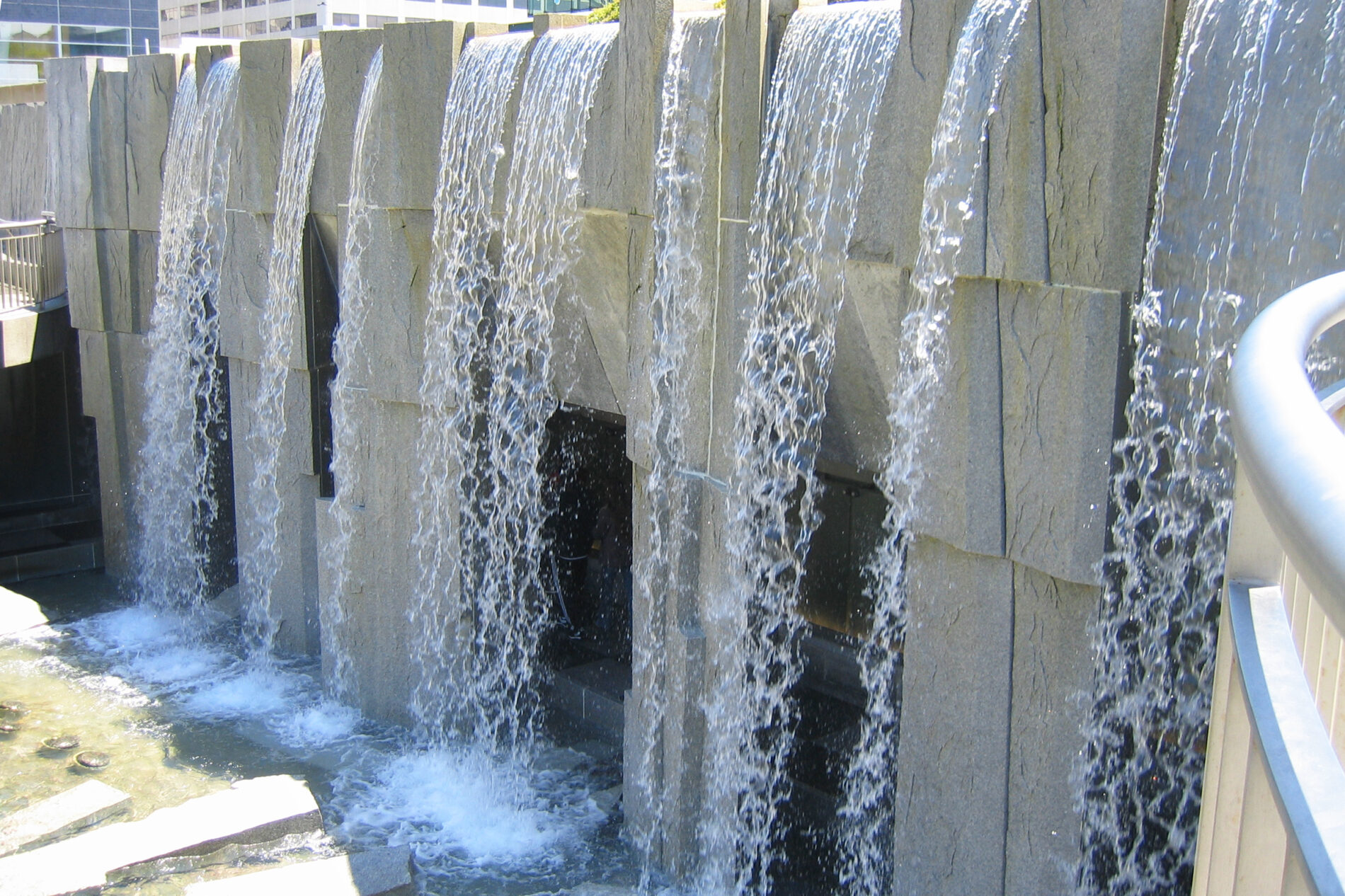 Waterfall memorial to Doctor Martin Luther King in Yerba Buena Gardens with his vision of peace and unity behind the falls.