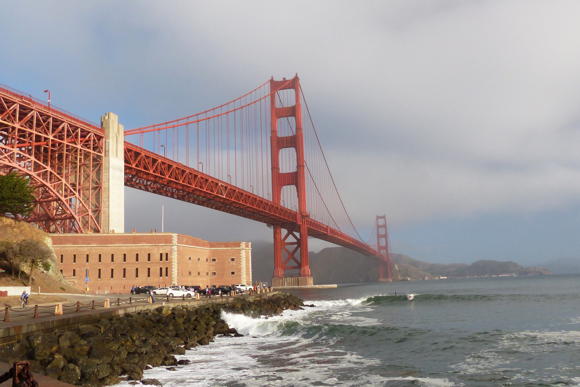 Golden Gate Bridge with the surf and fog rolling in. It’s a stunning sight and one of the free things to do in San Francisco.