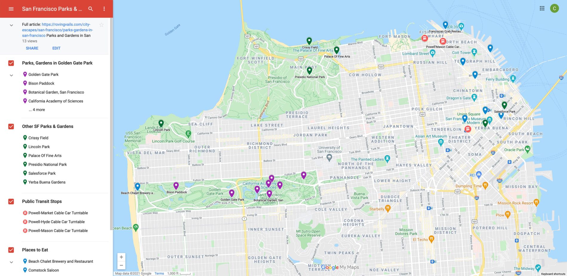 Interactive map with pins marking 12 extraordinary Parks and Gardens in San Francisco.