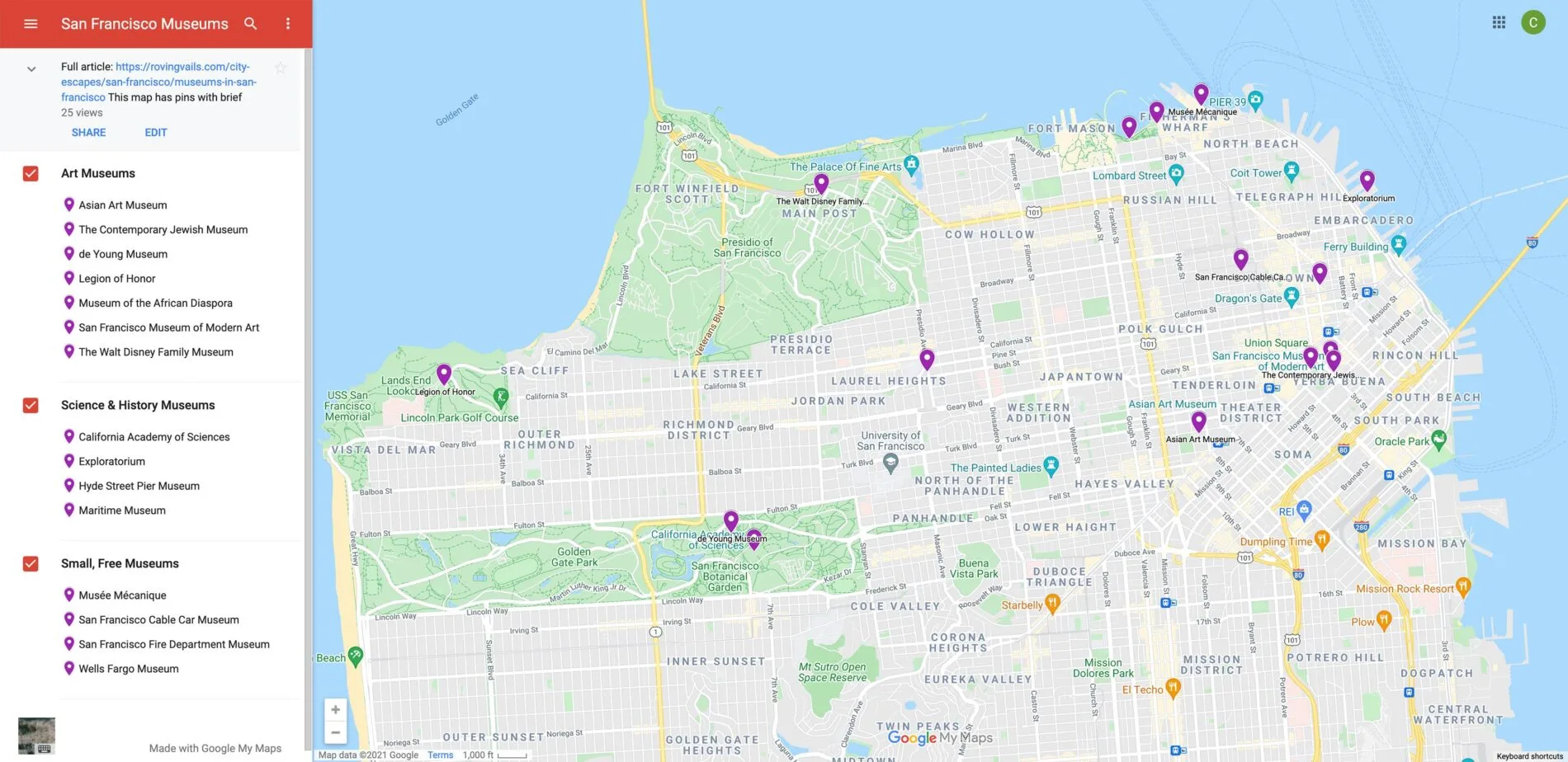 Interactive map with pins marking 15 San Francisco museums.