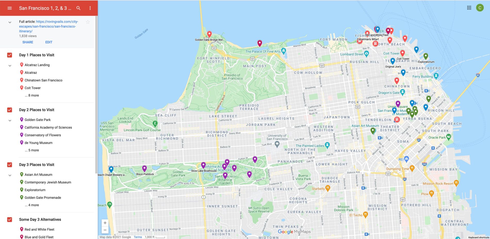 Image of interactive map for San Francisco sightseeing Itineraries.