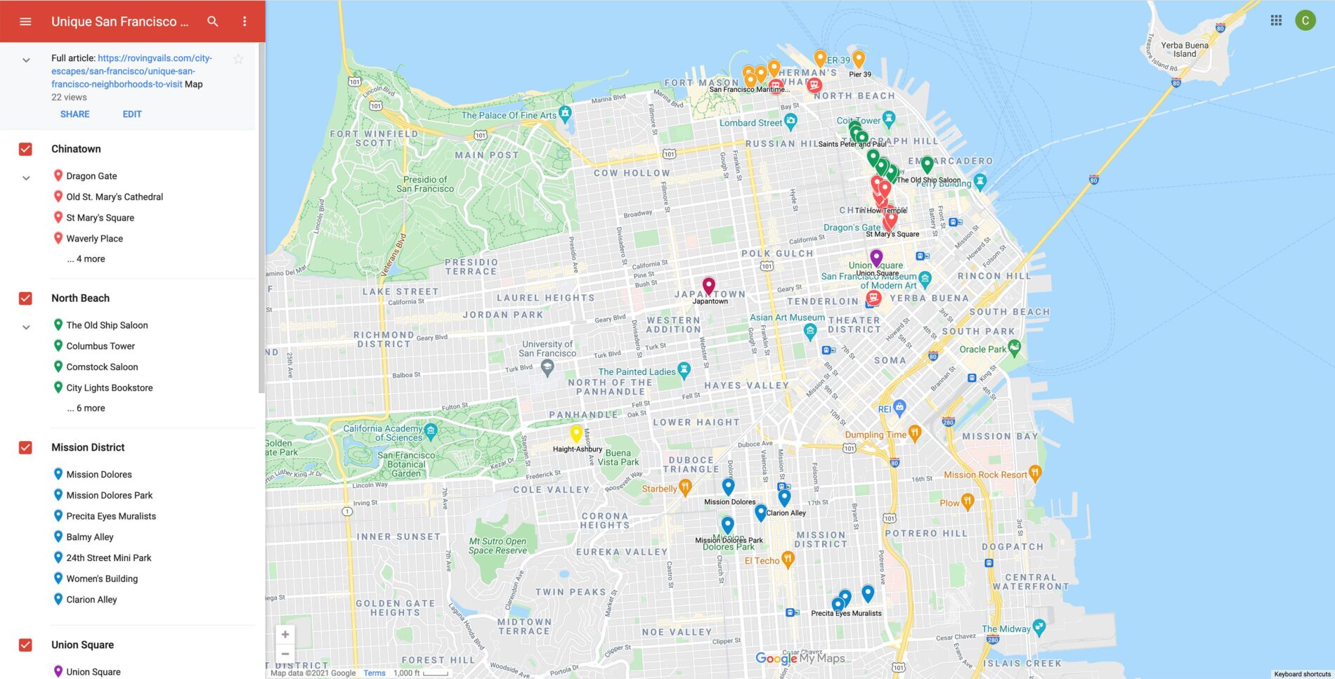 Map with pins marking 7 interesting and iconic San Francisco neighborhoods.