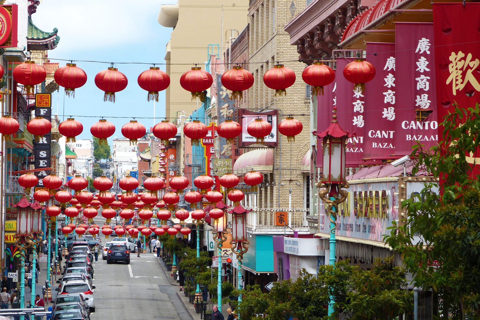 San Francisco’s Chinatown with row after row of strings of red lanterns hanging over Grant Avenue.