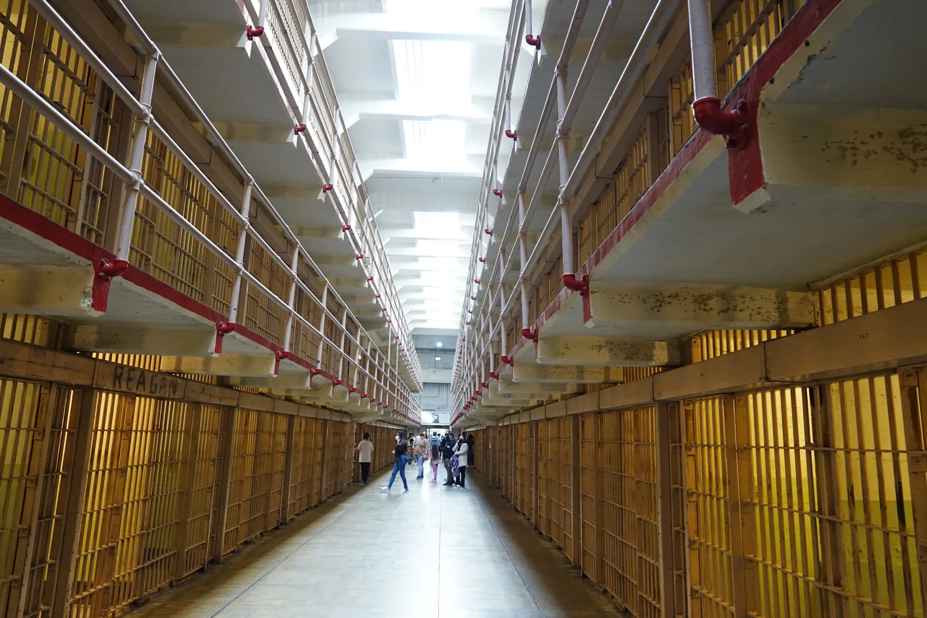 Three tiers of cells line both sides of the hallway called Broadway in the Alcatraz Cellhouse.