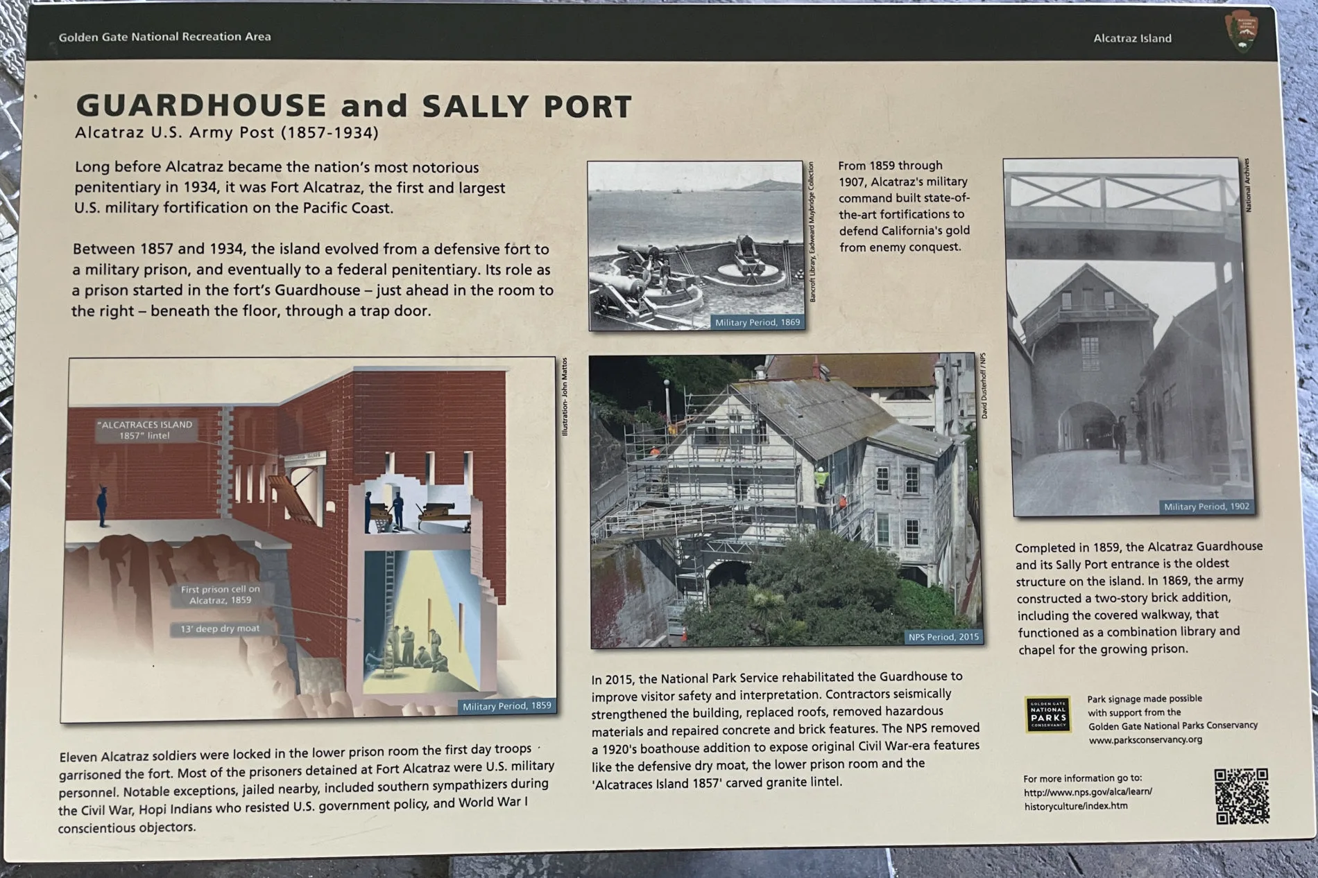 Sign describing some of the buildings, features, and armaments from 1857 to 1934 when the island was Fort Alcatraz.
