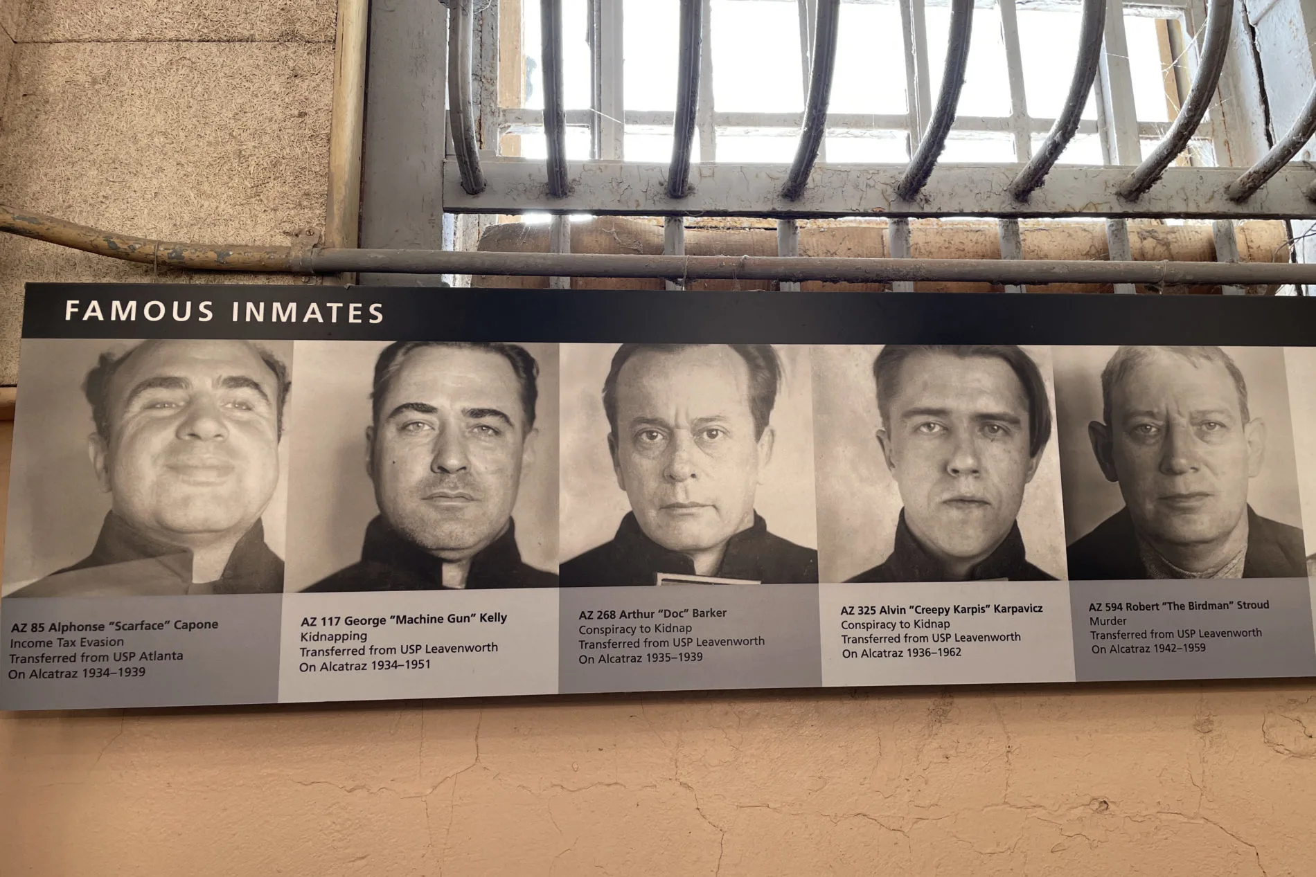 Display of photos in cell block D of famous Alcatraz inmates.