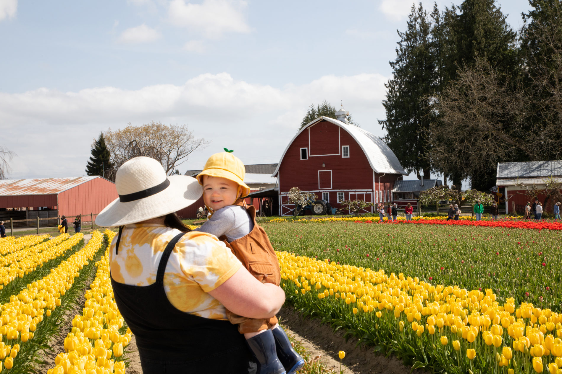 Mother and baby wearing farmers outfits for photography in the tulip fields.