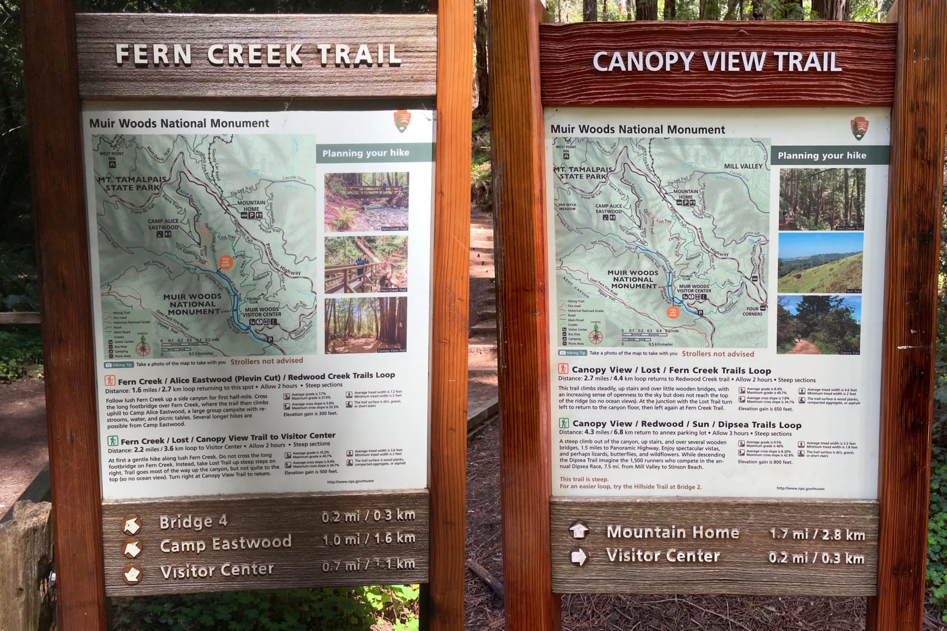 Muir Woods trails signs with maps and descriptions for the Fern Creek and Canopy View trails.