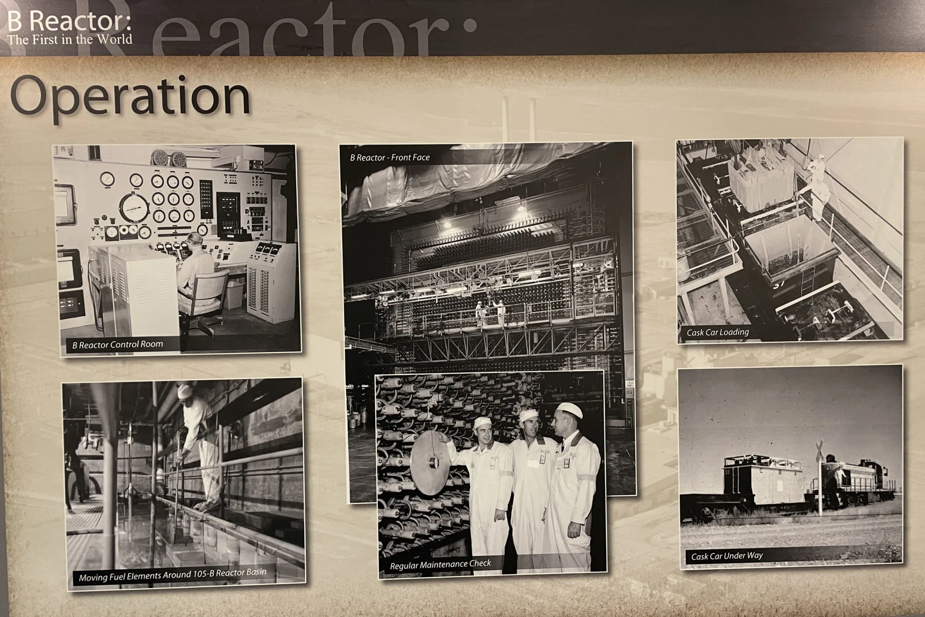 Part of the Hanford tour, shows the stages of operation at the Hanford B Reactor.