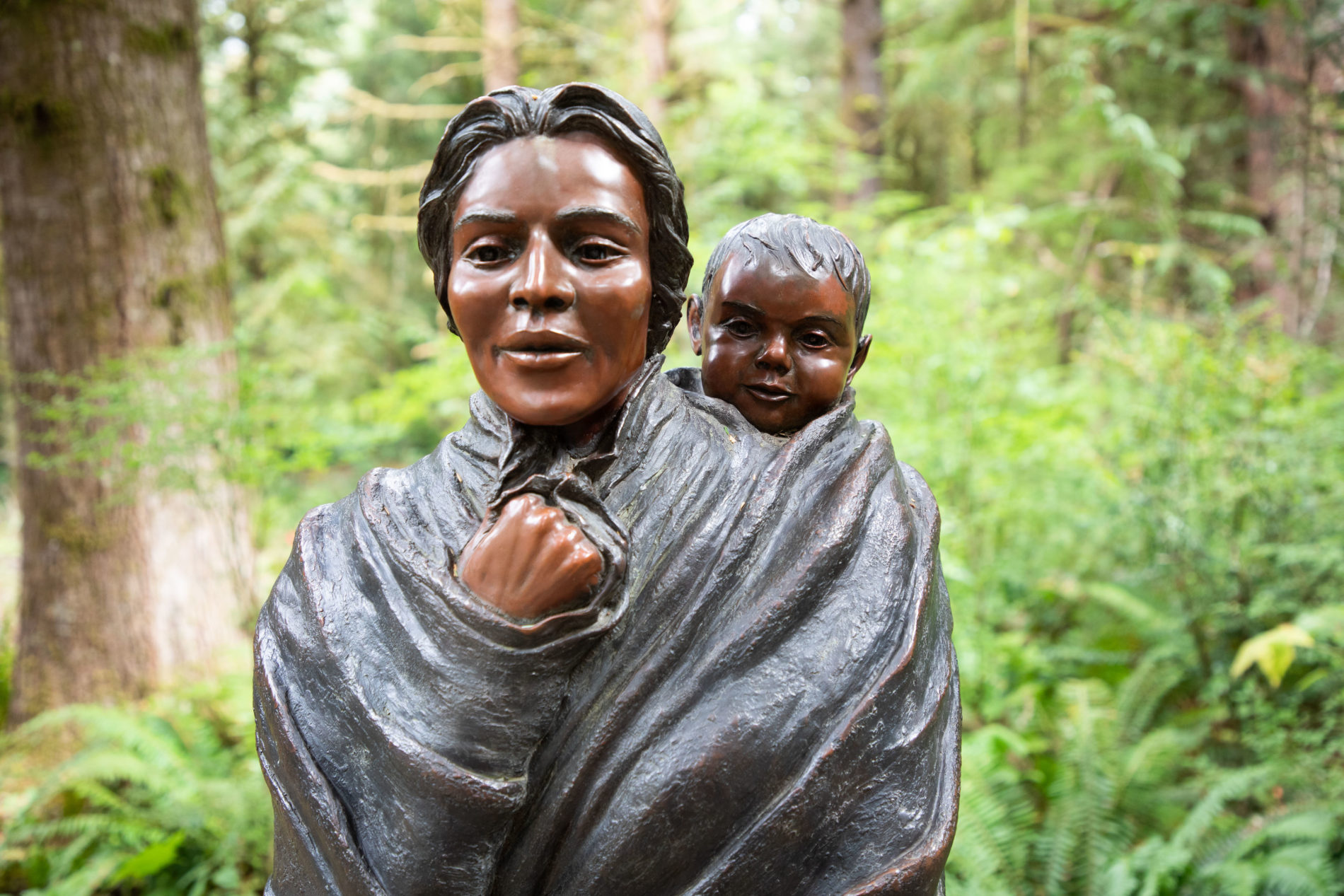 The Sacajawea and Pompey statue located in the Lewis and Clark National Historical Park in Oregon, about an hour's drive from I-5.