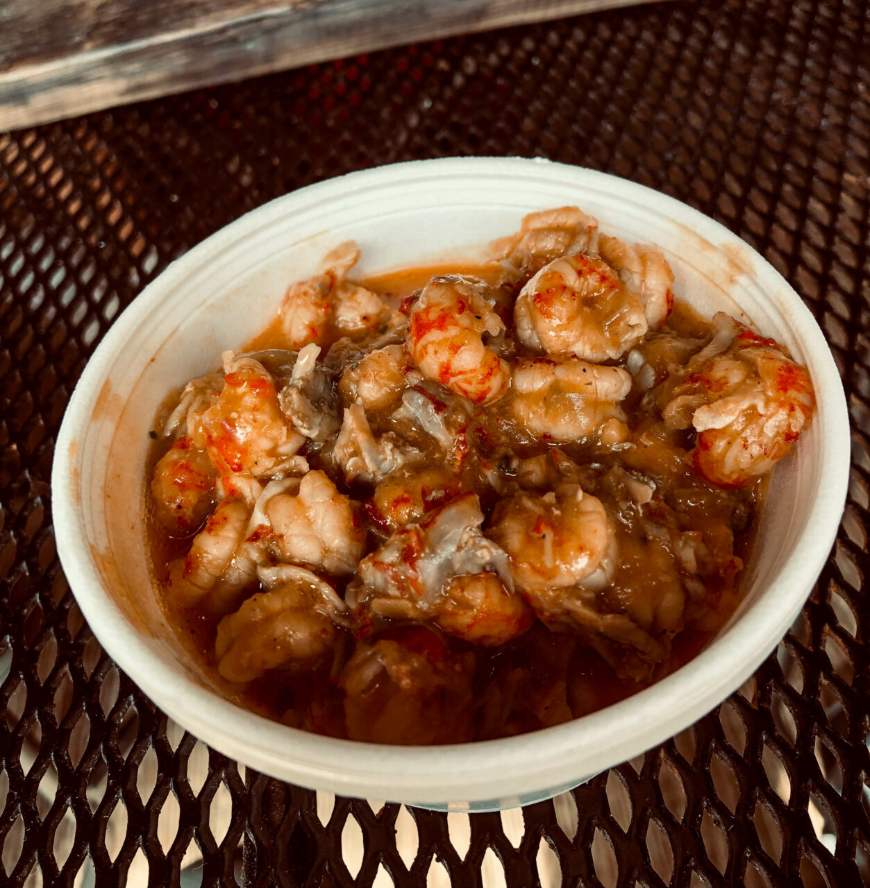 A bowl of crayfish étouffée, one of the Cajun dishes served during the Tabasco tasting experience.