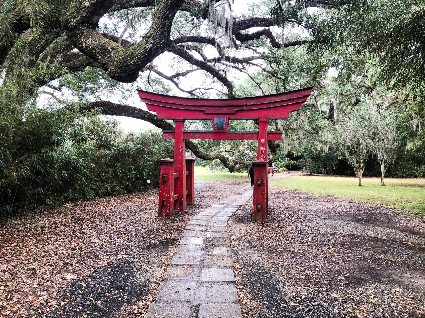 A red Japanese Torii in the Avery Island Jungle Garden.