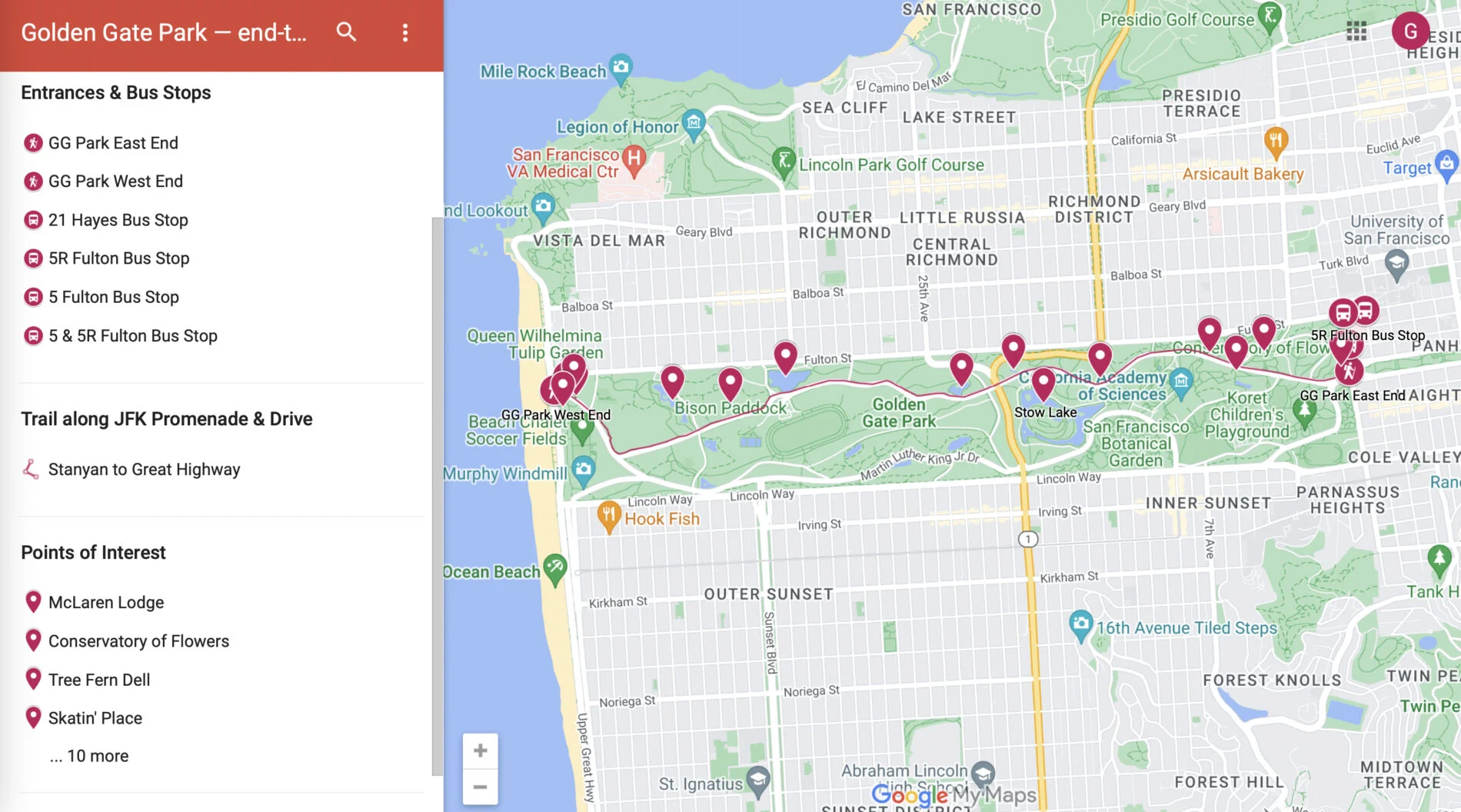 Golden Gate Park Map marking trail along JFK Promenade and John F. Kennedy Drive.
