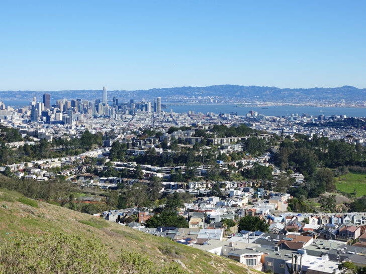 View of San Francisco city skyline and San Francisco Bay from the top of Mt. Davidson.