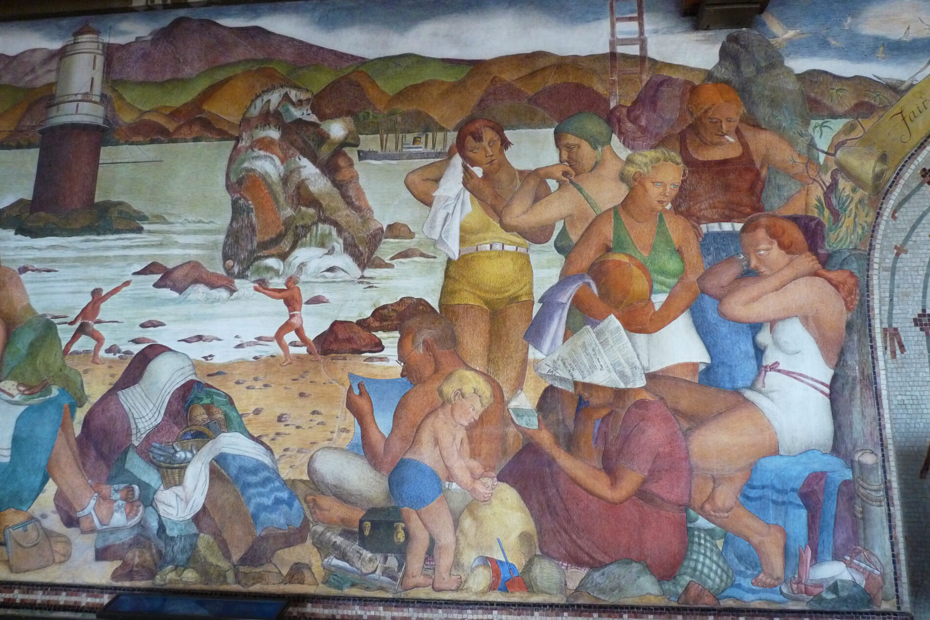 One section of a depression era mural at Beach Chalet in San Francisco. It shows families enjoying the beach.