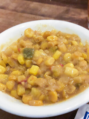 An amazingly tasty cajun side dish is maque choux, made mostly with corn.