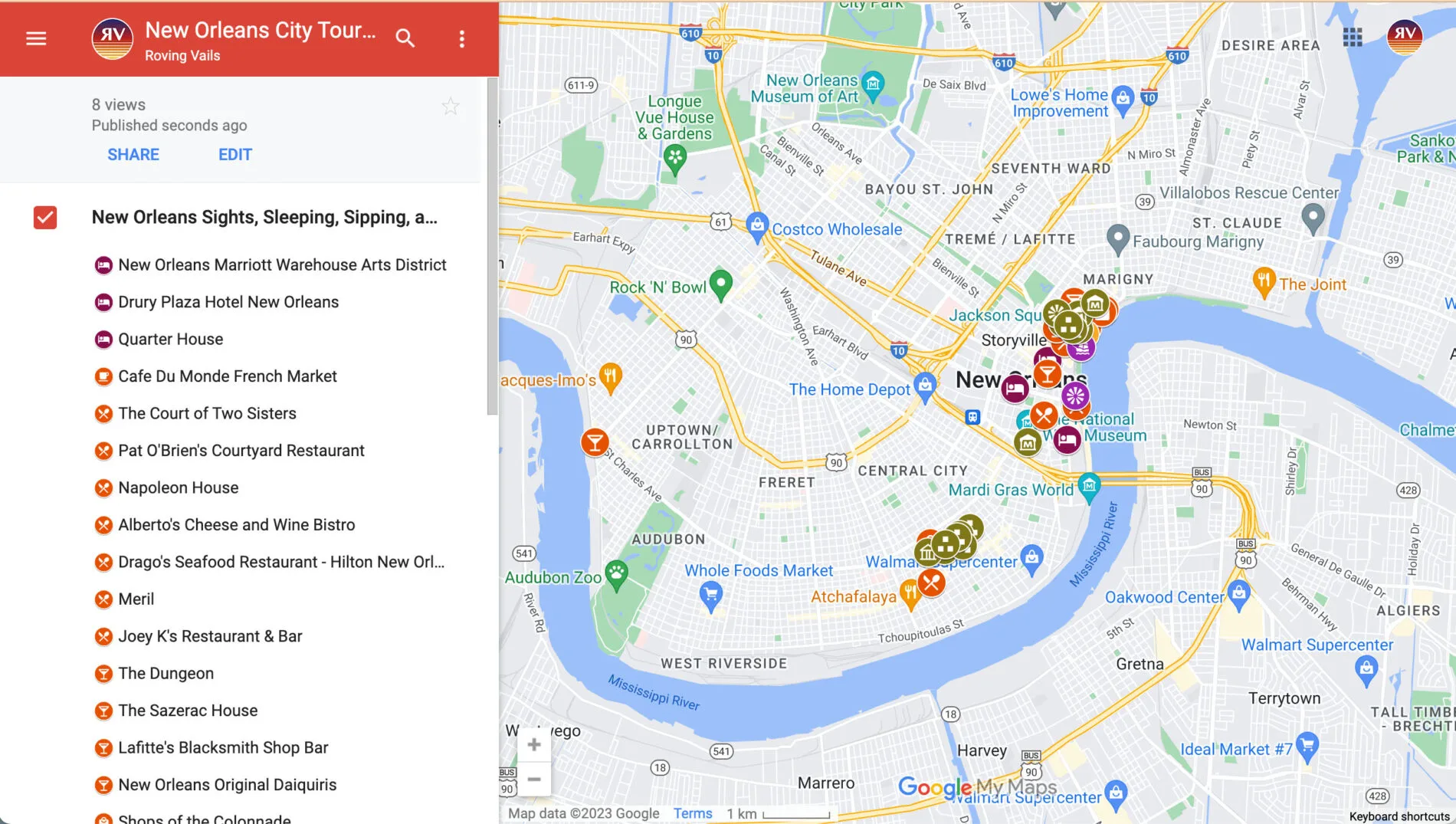 New Orleans tourist map showing recommended places to stay, places to eat, and major sights and attractions.