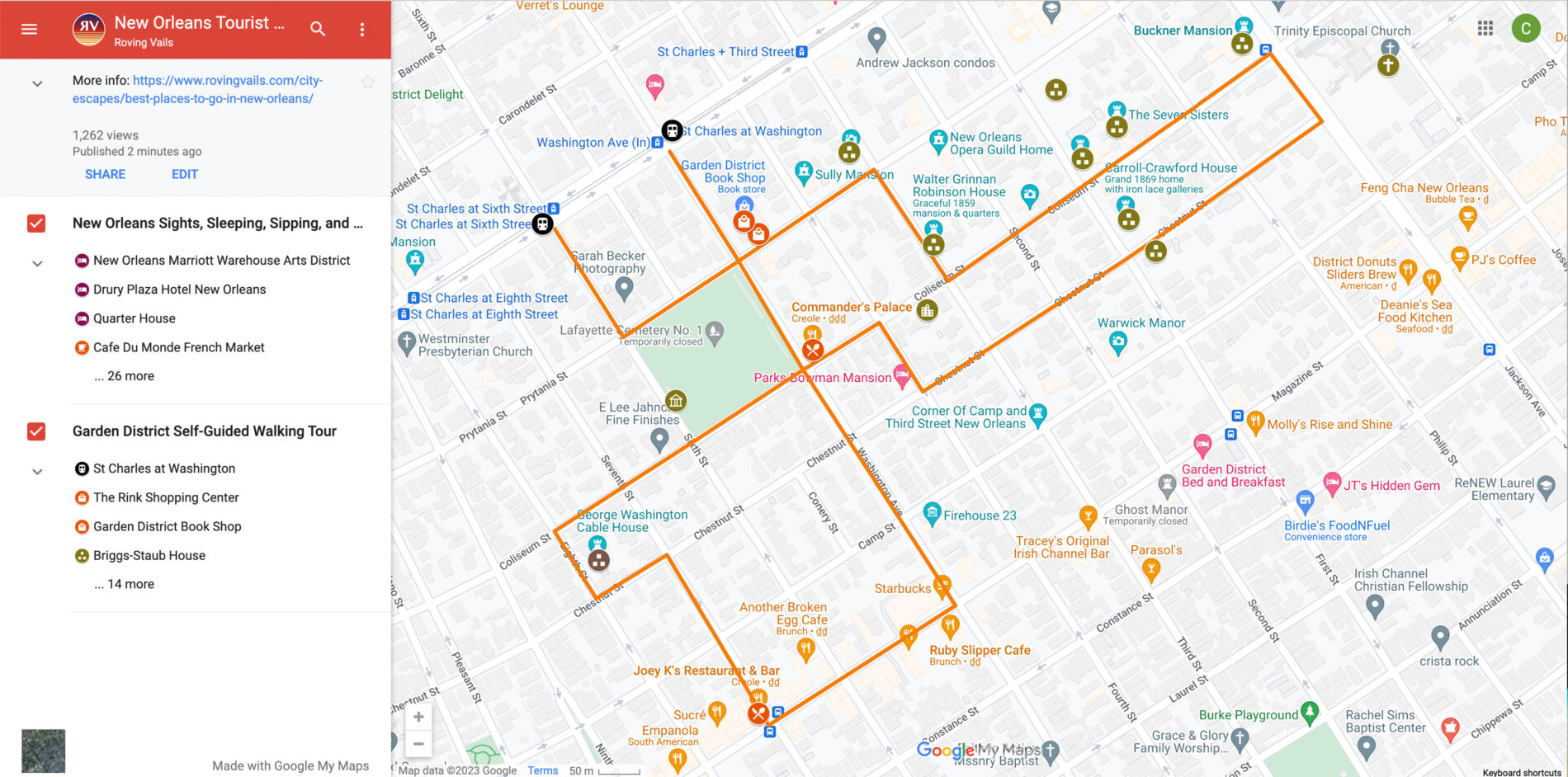 New Orleans Garden District Self Guided Walking Tour Map.