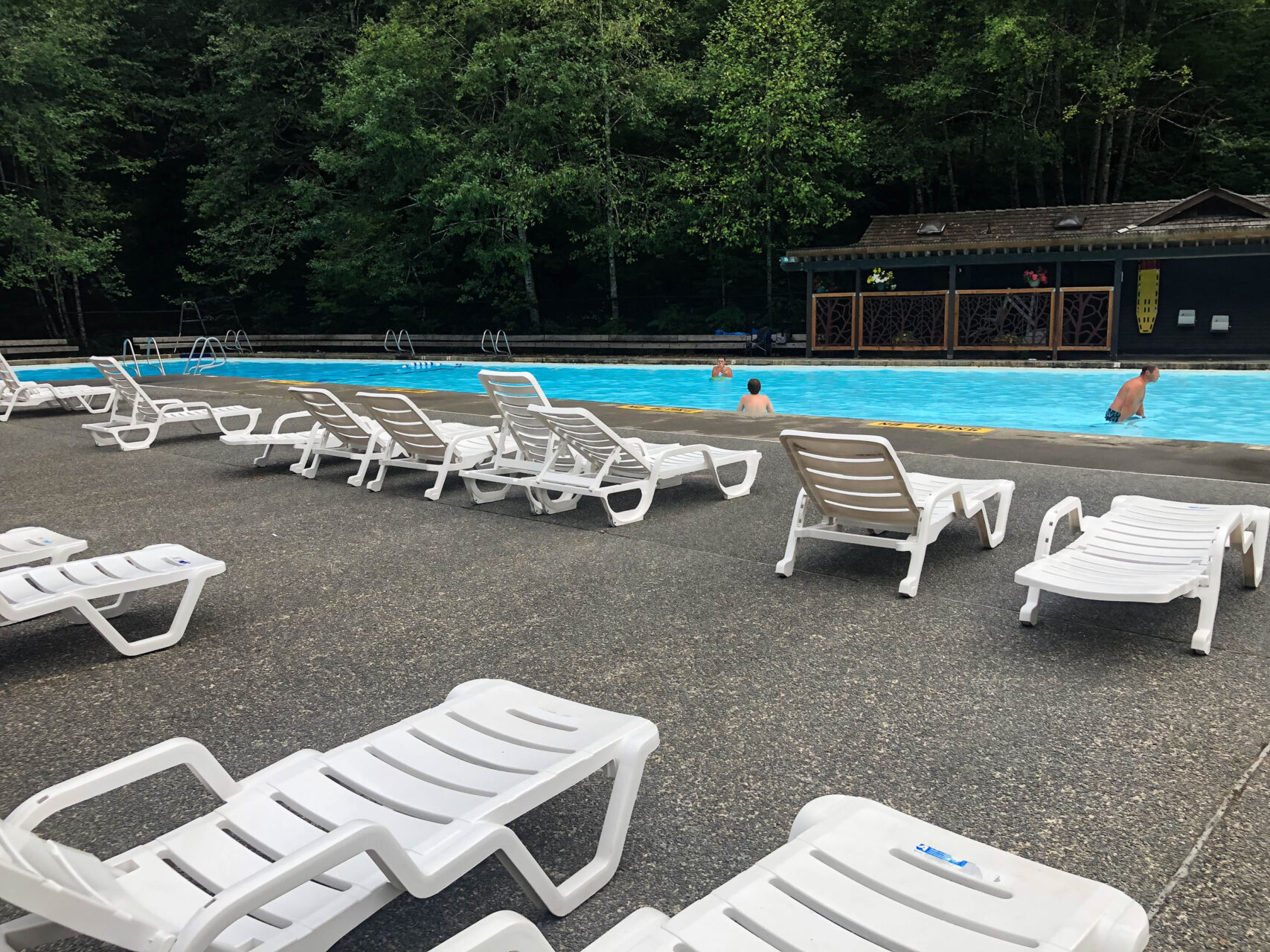 Lounge chairs by the hot spring pools atSol Duc Resort.