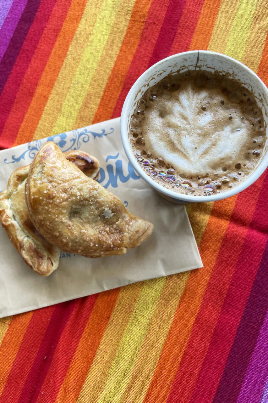 Cappuccino and Empanadas are two of the many food and drink choices in the San Francisco Ferry Building Marketplace.
