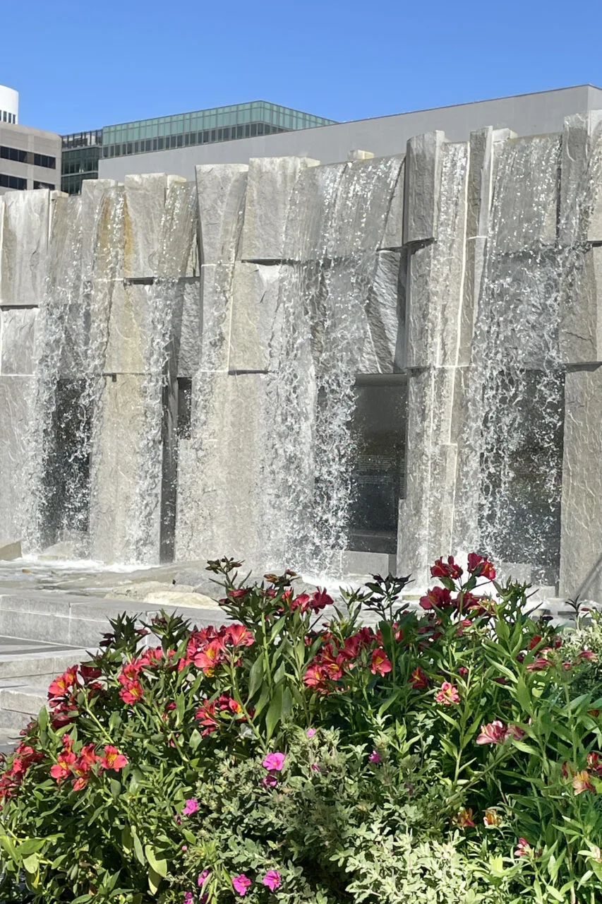 Waterfall memorial to Doctor Martin Luther King in Yerba Buena Gardens with his vision of peace and unity behind the falls.