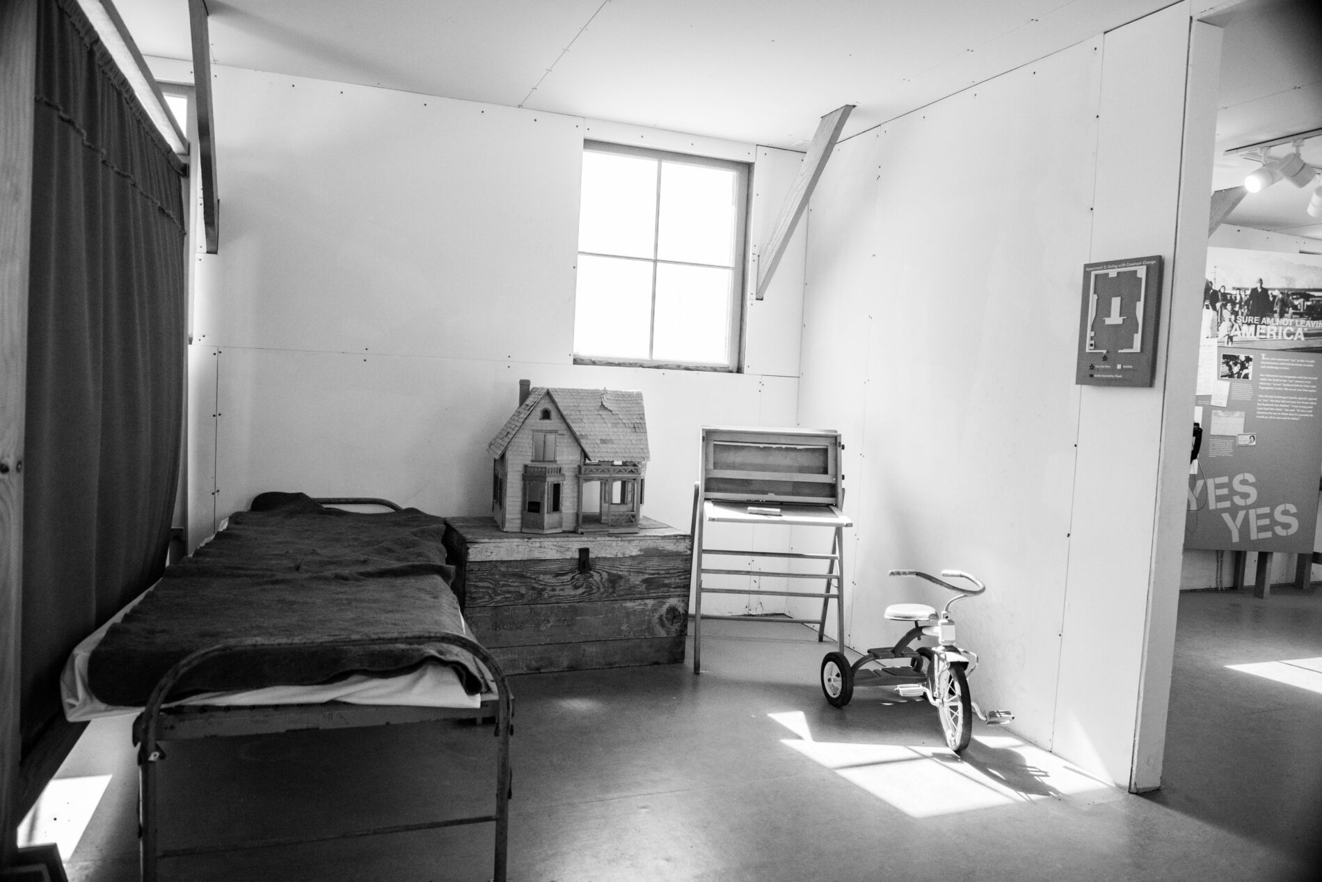 A mock up of what a child's room may have looked like at Manzanar during the internment.