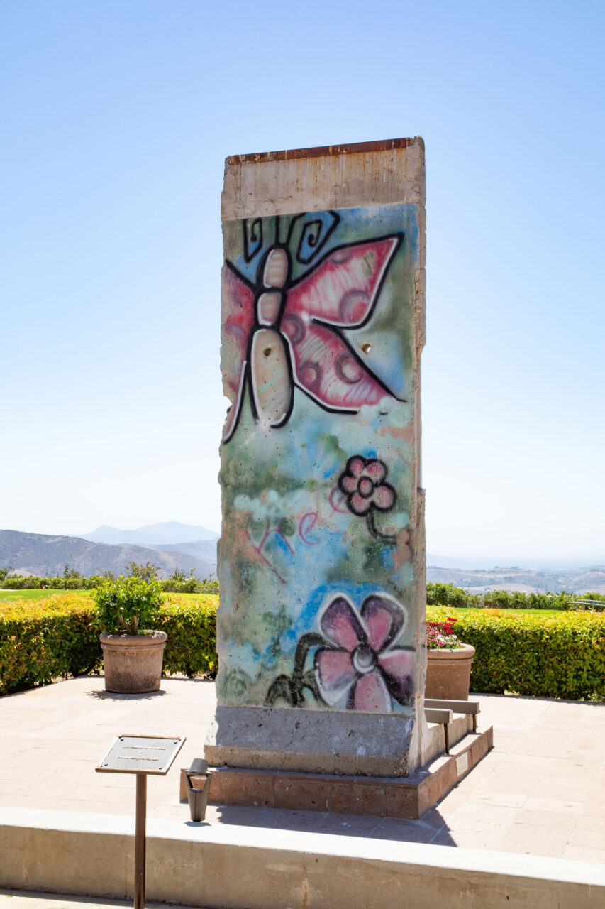 A piece of the Berlin Wall stands in the garden of the Ronald Reagan Library.