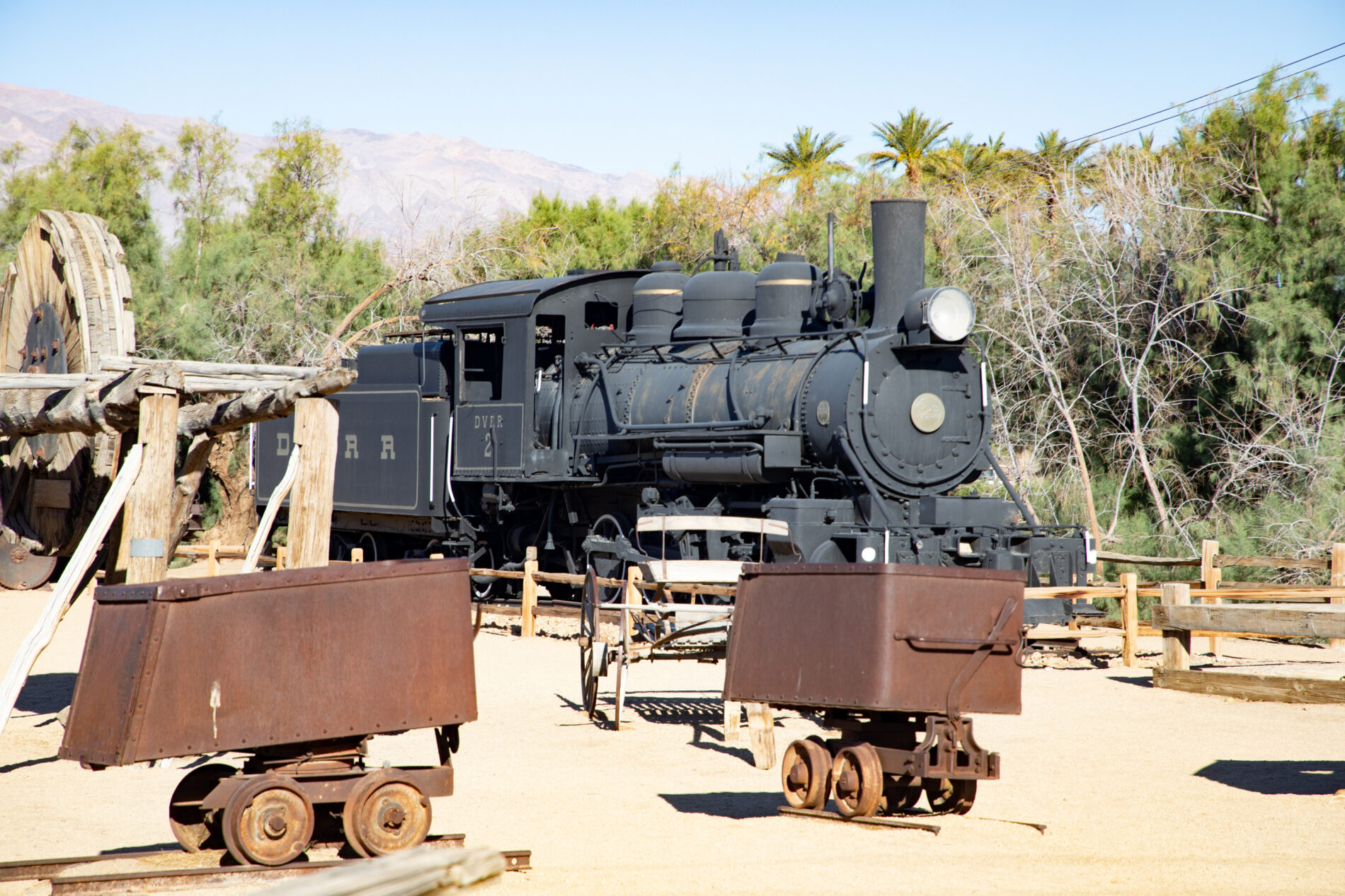 Old locomotive and other mining equipment on display in the museum at Furnace Creek, Death Valley.