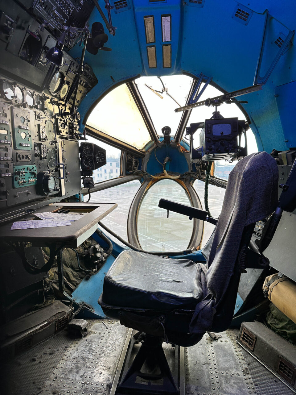 A navigator's seat in one of the exhibited aircraft.
