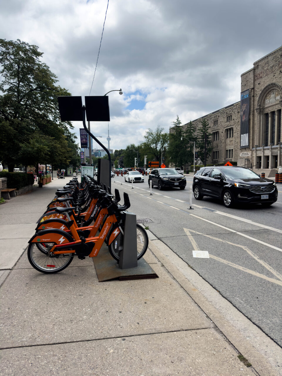 A biking lane and ebikes for rent in Toronto.